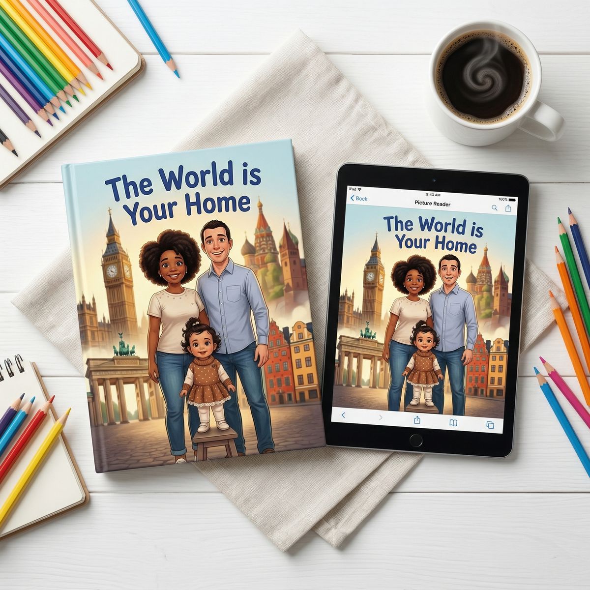 Printed book next to tablet showing the same book digitally