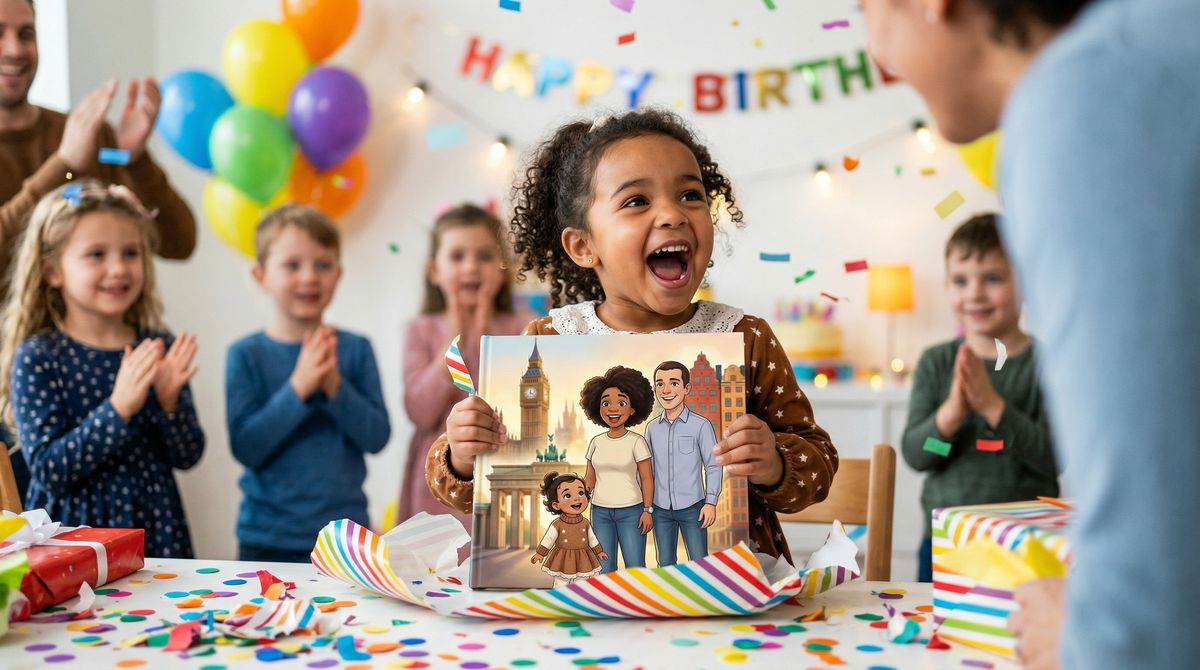 Child unwrapping a personalized storybook at birthday