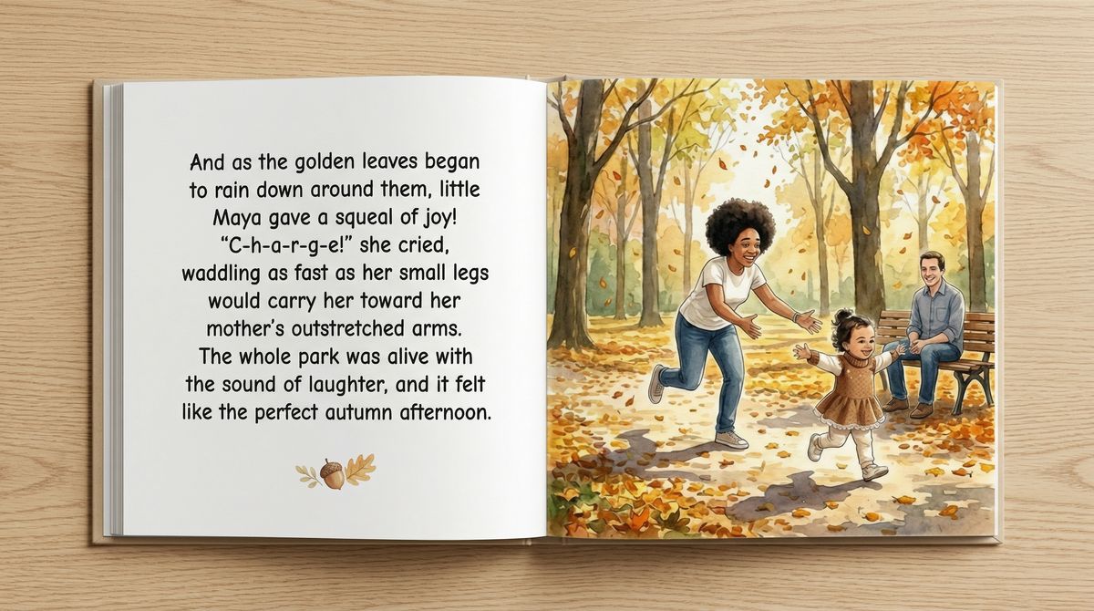 An open personalized storybook showing text and watercolor illustrations