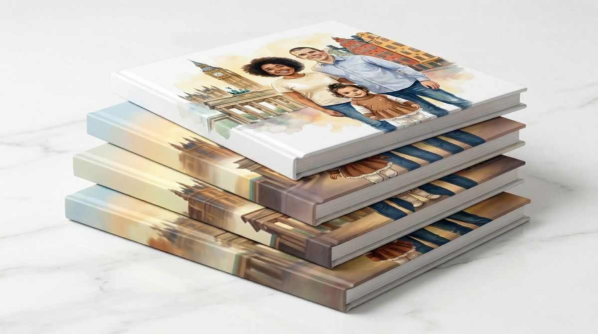 Stack of printed hardcover storybooks in different art styles